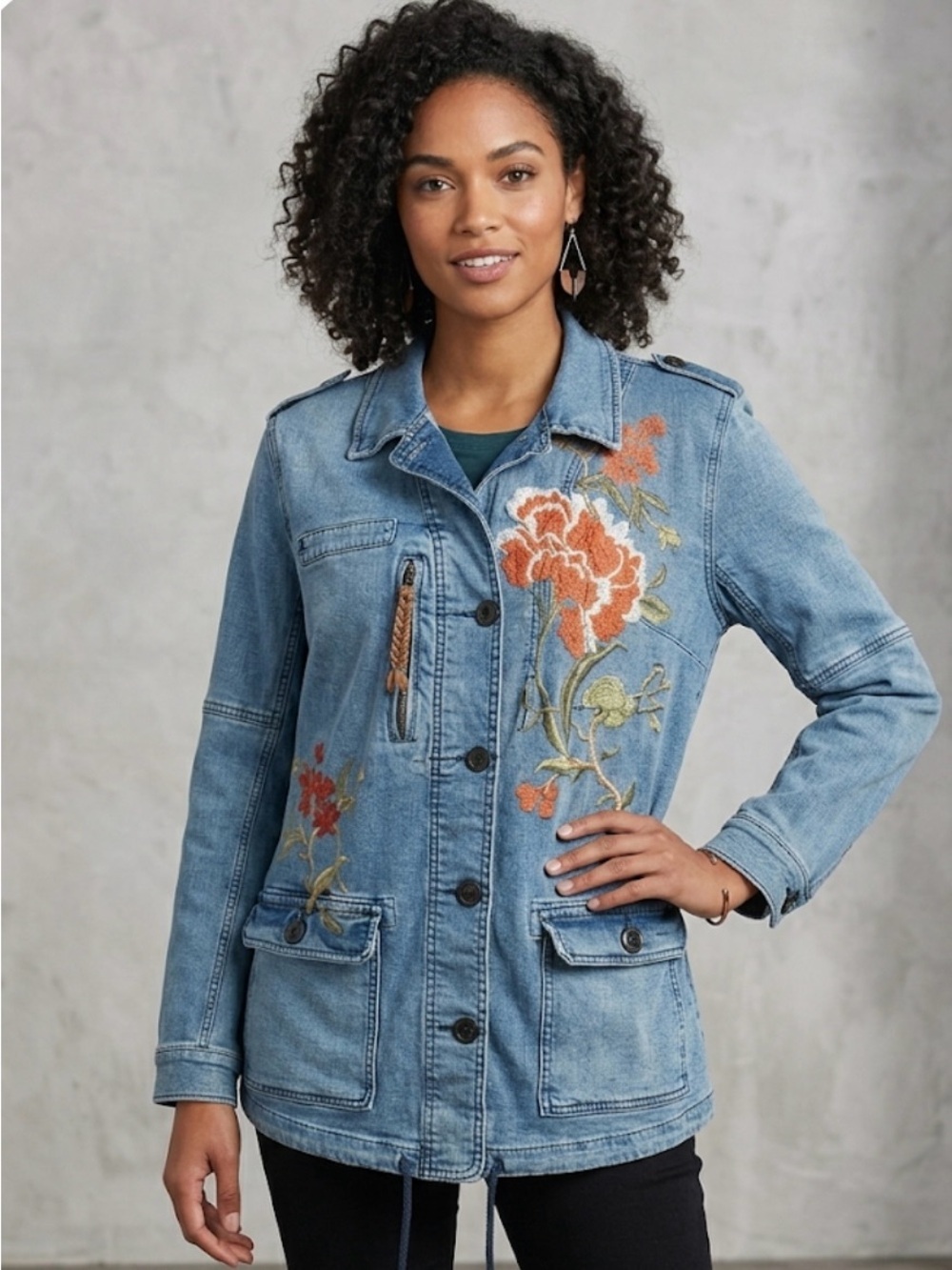 Pilcro Light Blue 100% Cotton Denim Jacket with Orange Floral Embroidery - Picture 7 of 9